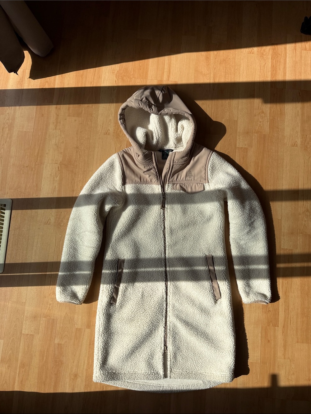 Long Cream Sherpa Hooded Coat with Taupe Trim